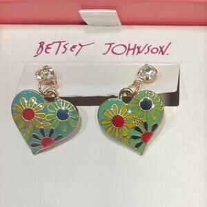 Betsey Johnson NWT Enamel Heart with Flowers & Rhinestone Drop Earrings MSRP $48